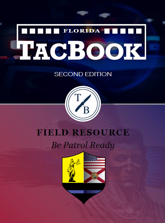 Book cover titled 'Florida 彩票联盟官方网站 Second Edition', labeled as a field resource with the tagline 'Be Patrol Ready'. Features a badge with a judge's scale and US flag, and a faint background image of a person wearing sunglasses.